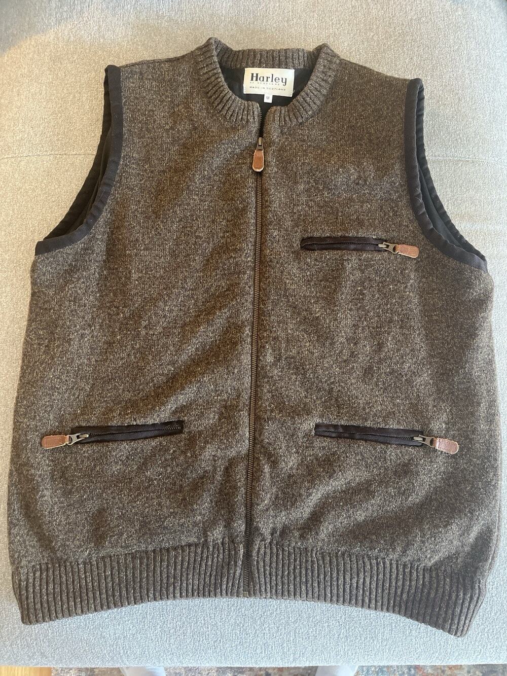 Harley Scotland 100% Wool Zip Vest M Brown Lined 3 Zip Pockets Made Scotland